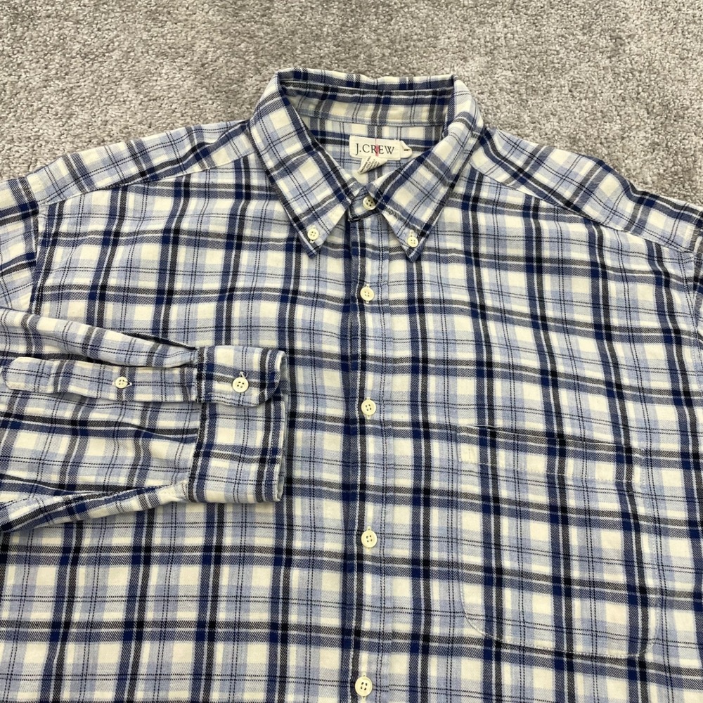 J Crew Oarsman Flannel Shirt Mens Large Plaid Button Down Blue White Cotton